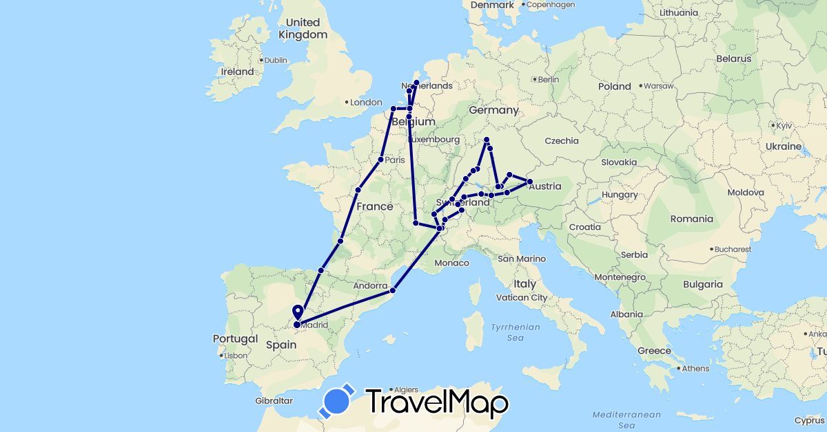 TravelMap itinerary: driving in Austria, Belgium, Switzerland, Germany, Spain, France, Liechtenstein, Netherlands (Europe)